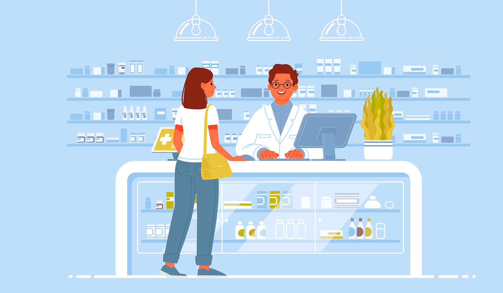 Illustration einer Apotheke mit einer Kundin am Tresen und einem Apotheker hinter dem Computer.